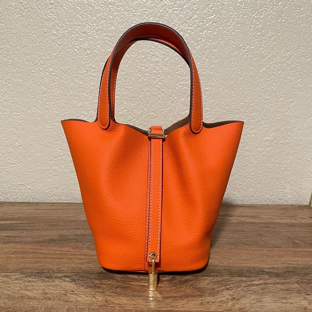 Orange Leather Tote Bag with Top Handle